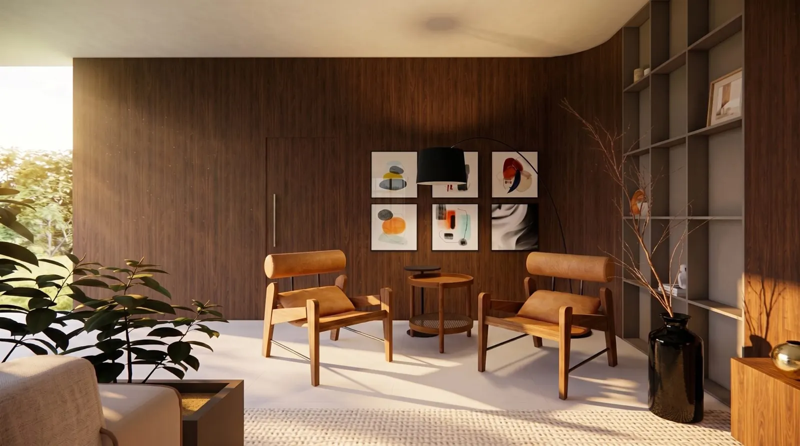 Interiores: lounge com painéis de madeira