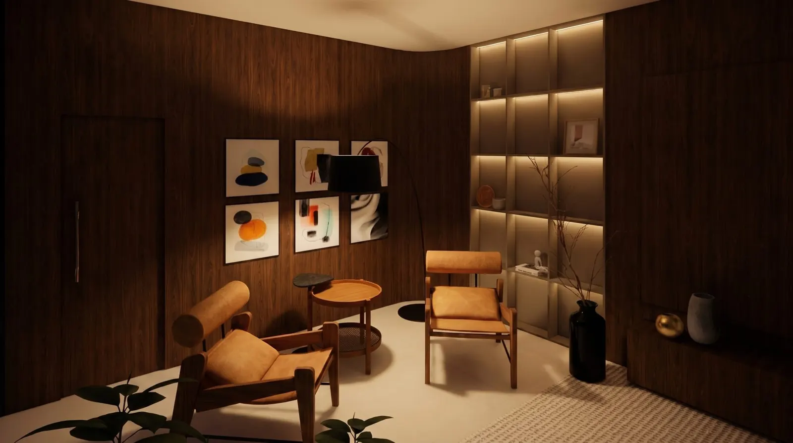 Lounge de estar com painéis de madeira e iluminação indireta, vista 2