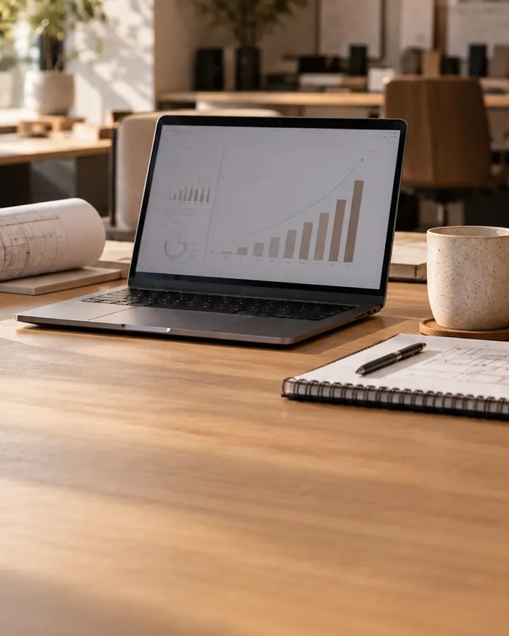 Marketing: mesa de trabalho com notebook e gráfico de crescimento