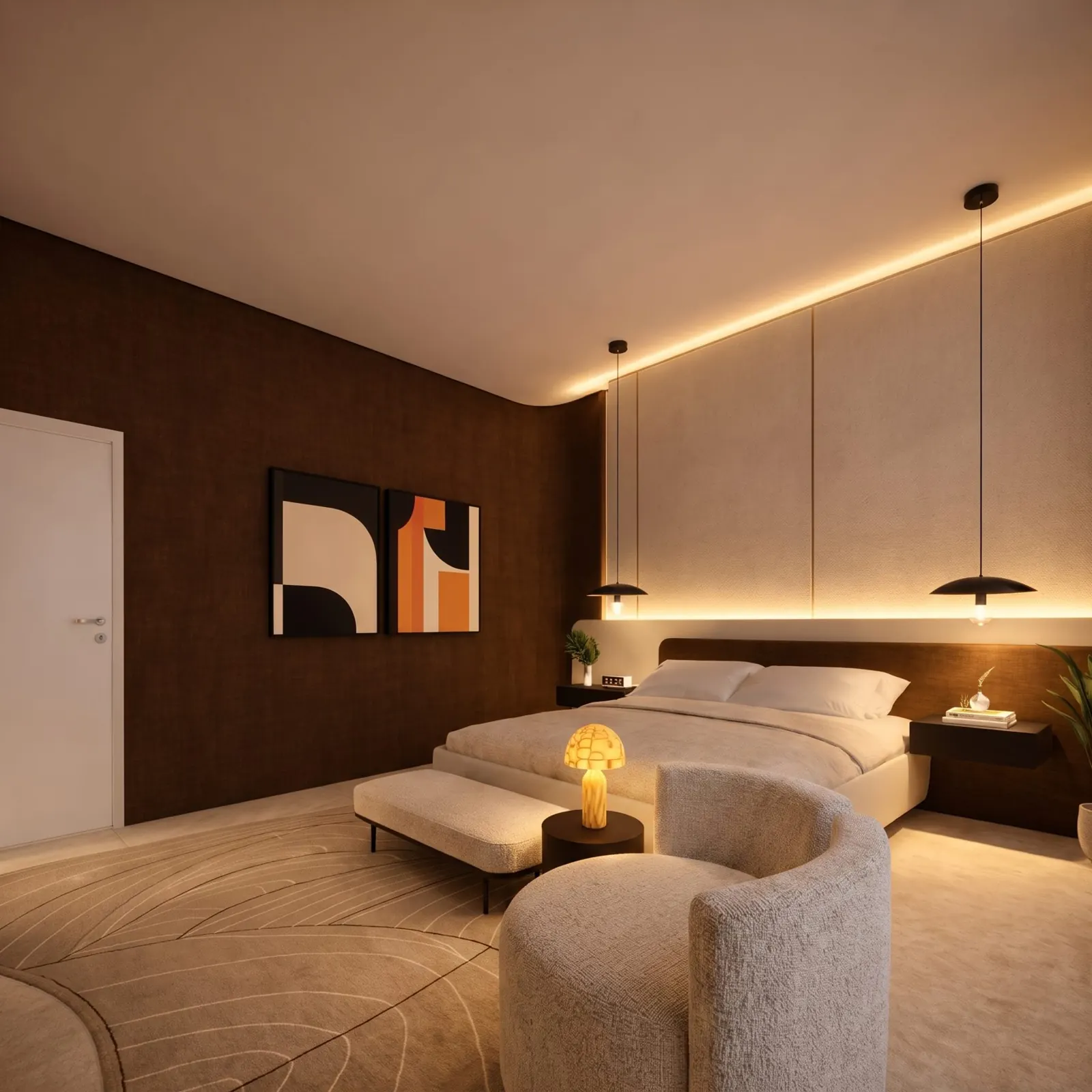 Quarto contemporâneo com projeto de iluminação, vista 2