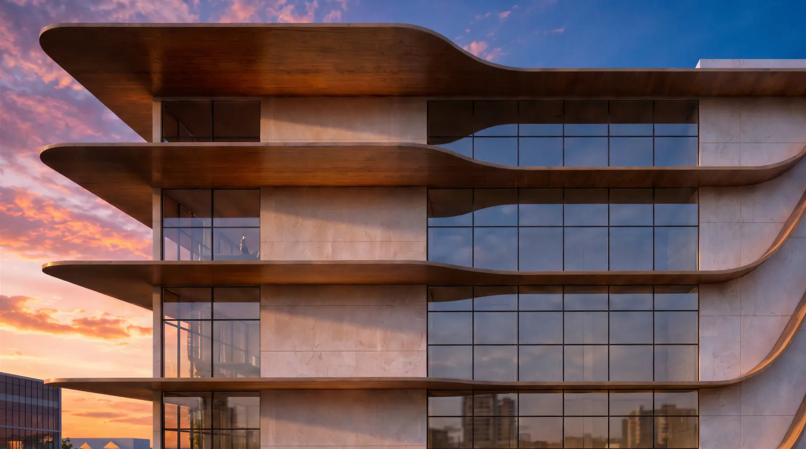 Fachada do Serra Office, edifício comercial com lajes curvas em madeira e pele de vidro, vista 2