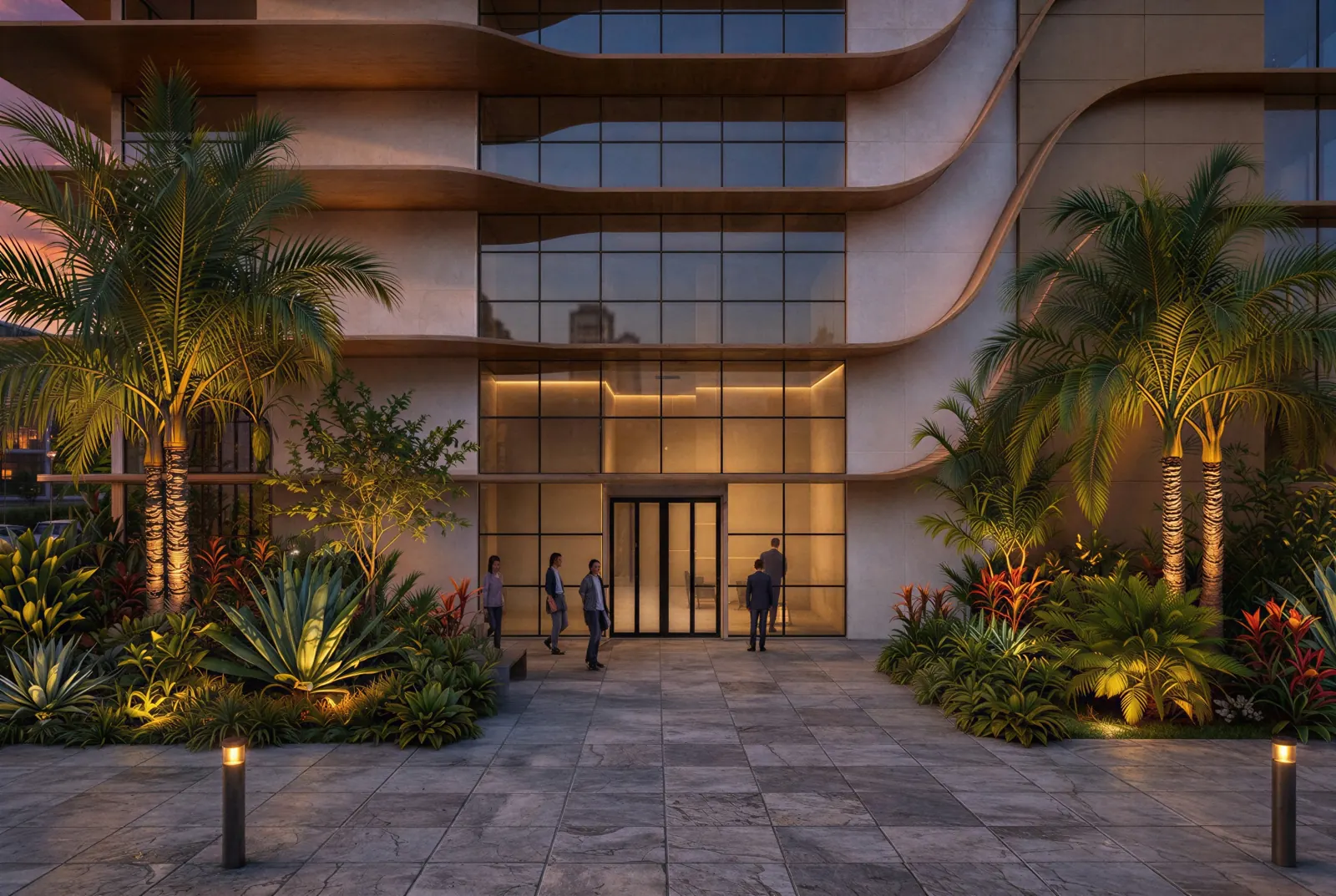 Fachada do Serra Office, edifício comercial com lajes curvas em madeira e pele de vidro, vista 3