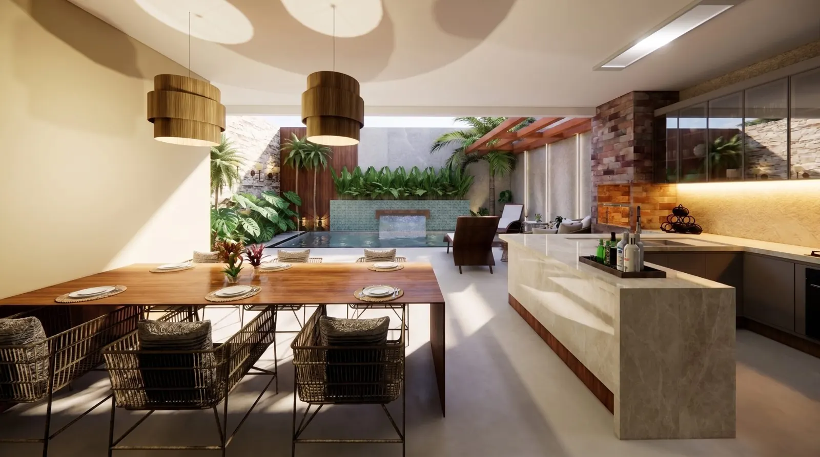 Terraço gourmet, projeto de interiores integrado à área externa, vista 2